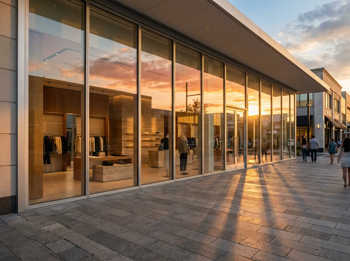 Commercial storefront glazing at golden hour